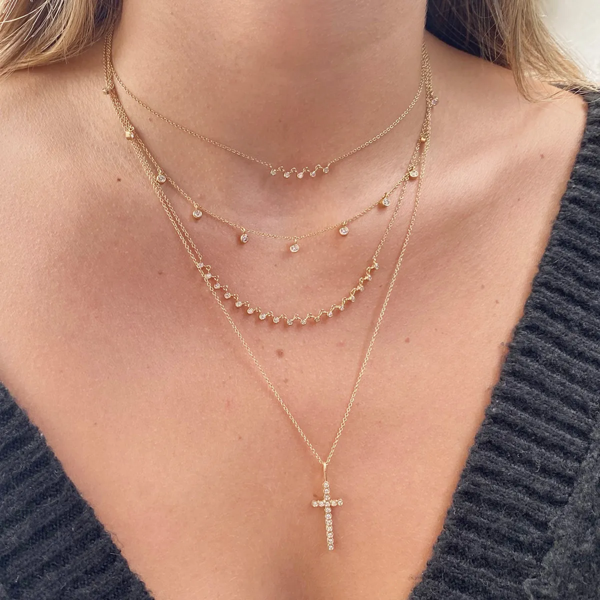 14k 11 Large Dangling Diamond Bezel Choker Necklace