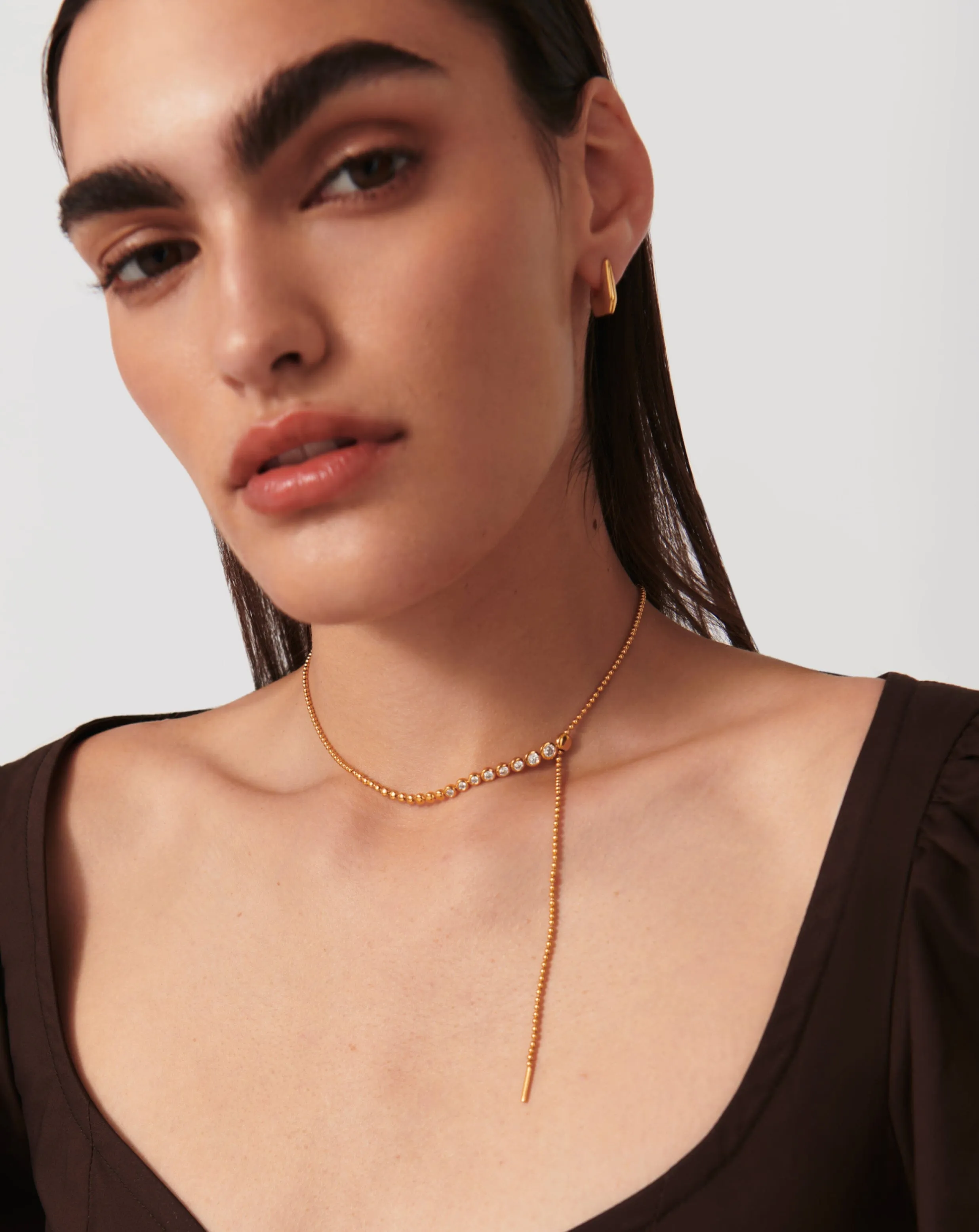Articulated Beaded Stone Slider Lariat Necklace | 18ct Gold Plated Vermeil/Cubic Zirconia
