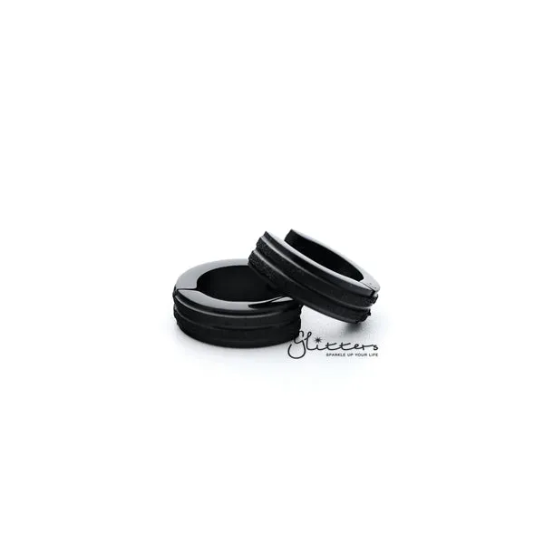 Black Titanium IP Stainless Steel Hinged Hoop Earrings with Sand Sparkle Lines