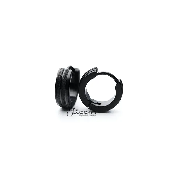 Black Titanium IP Stainless Steel Hinged Hoop Earrings with Sand Sparkle Lines