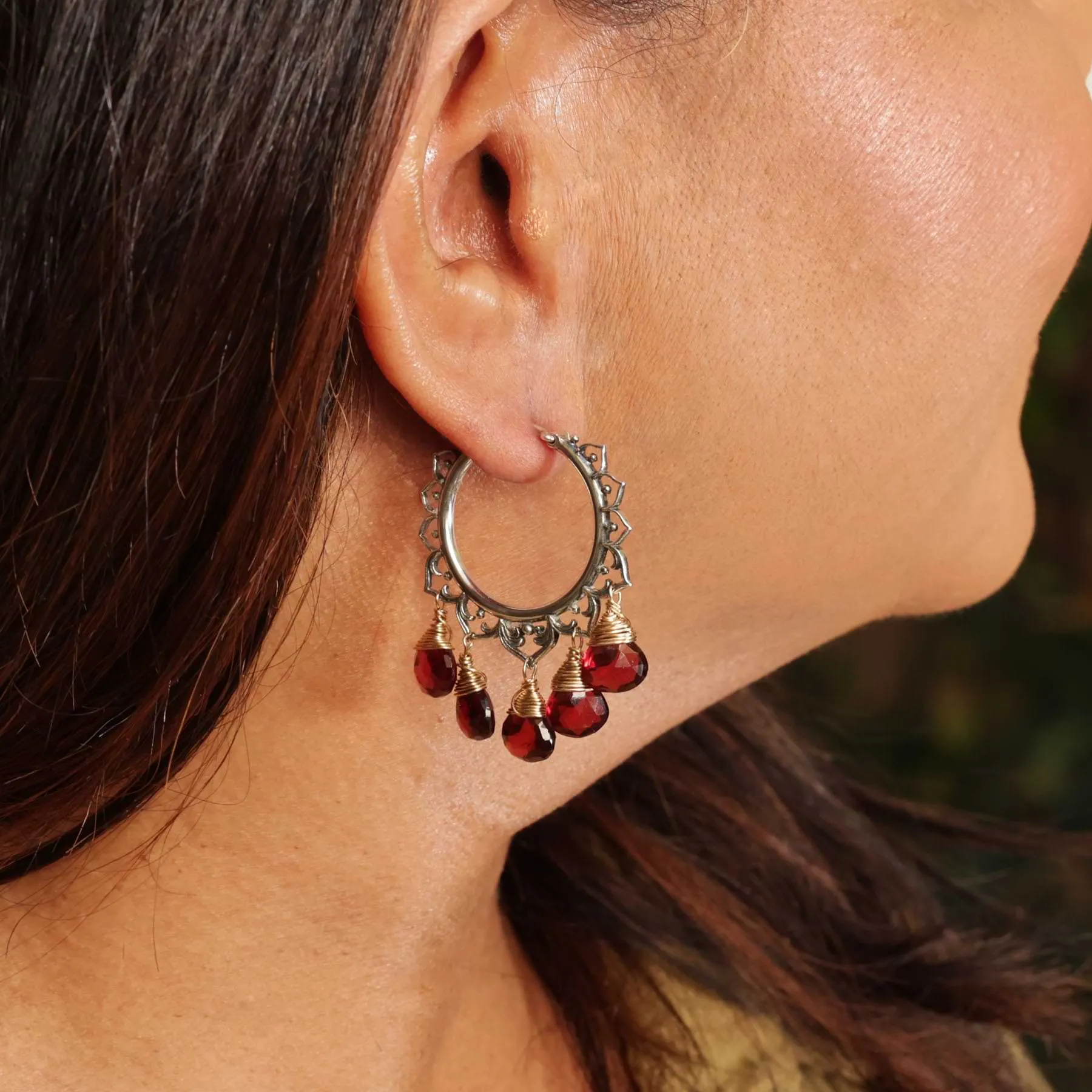 Flamenco Dance - Garnet Silver Hoop Earrings