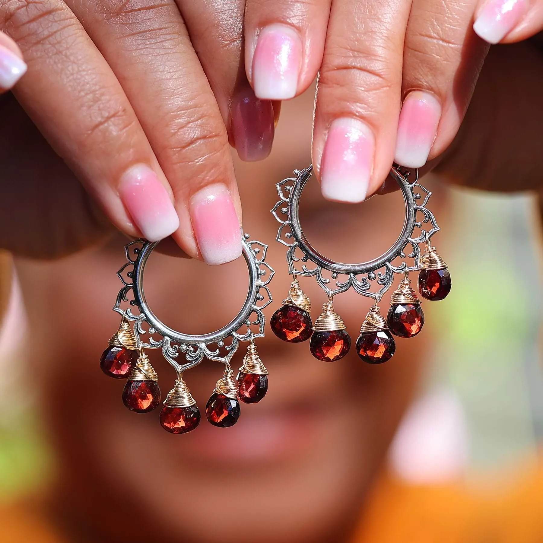 Flamenco Dance - Garnet Silver Hoop Earrings