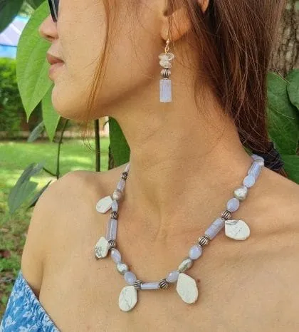 Freshwater pearl and chalcedony necklace earring set