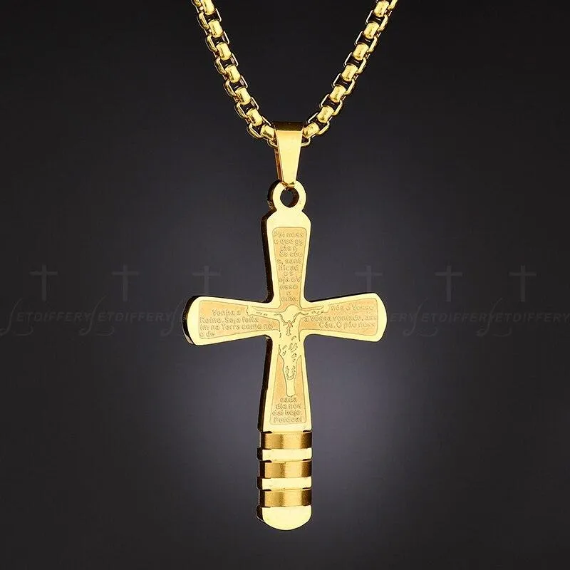 Gold Cross Pendant Engraved with the Lord's Prayer Necklace