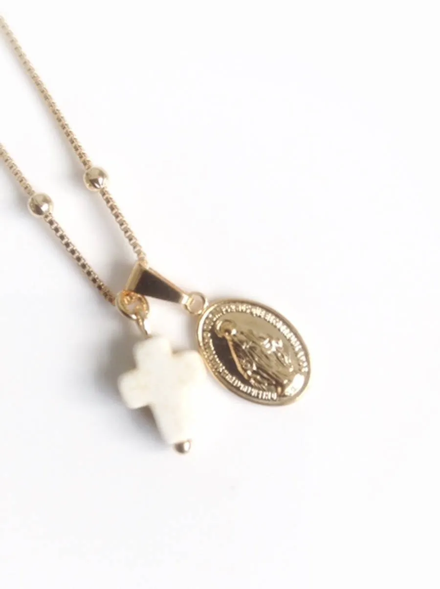 Gold Virgin Mary pendant cross Necklace delicate Gold plated ball Chain Catholic gifts  Religious Jewelry Virgen Milagrosa necklace