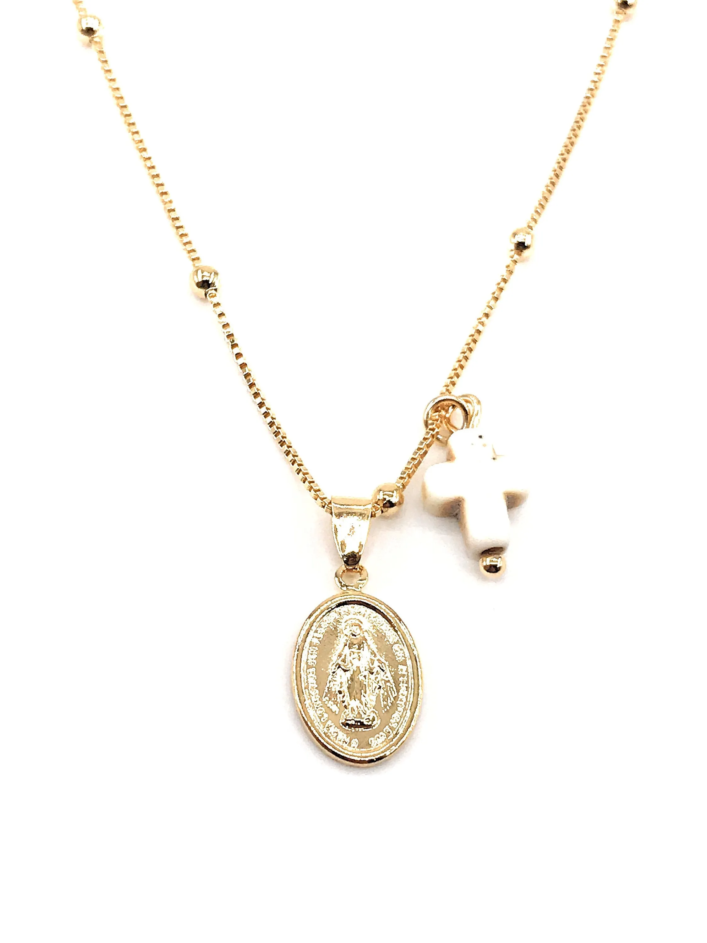 Gold Virgin Mary pendant cross Necklace delicate Gold plated ball Chain Catholic gifts  Religious Jewelry Virgen Milagrosa necklace