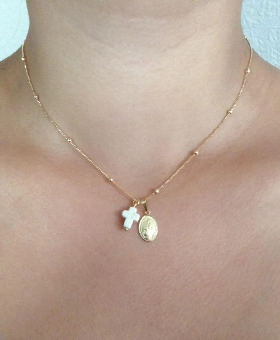 Gold Virgin Mary pendant cross Necklace delicate Gold plated ball Chain Catholic gifts  Religious Jewelry Virgen Milagrosa necklace