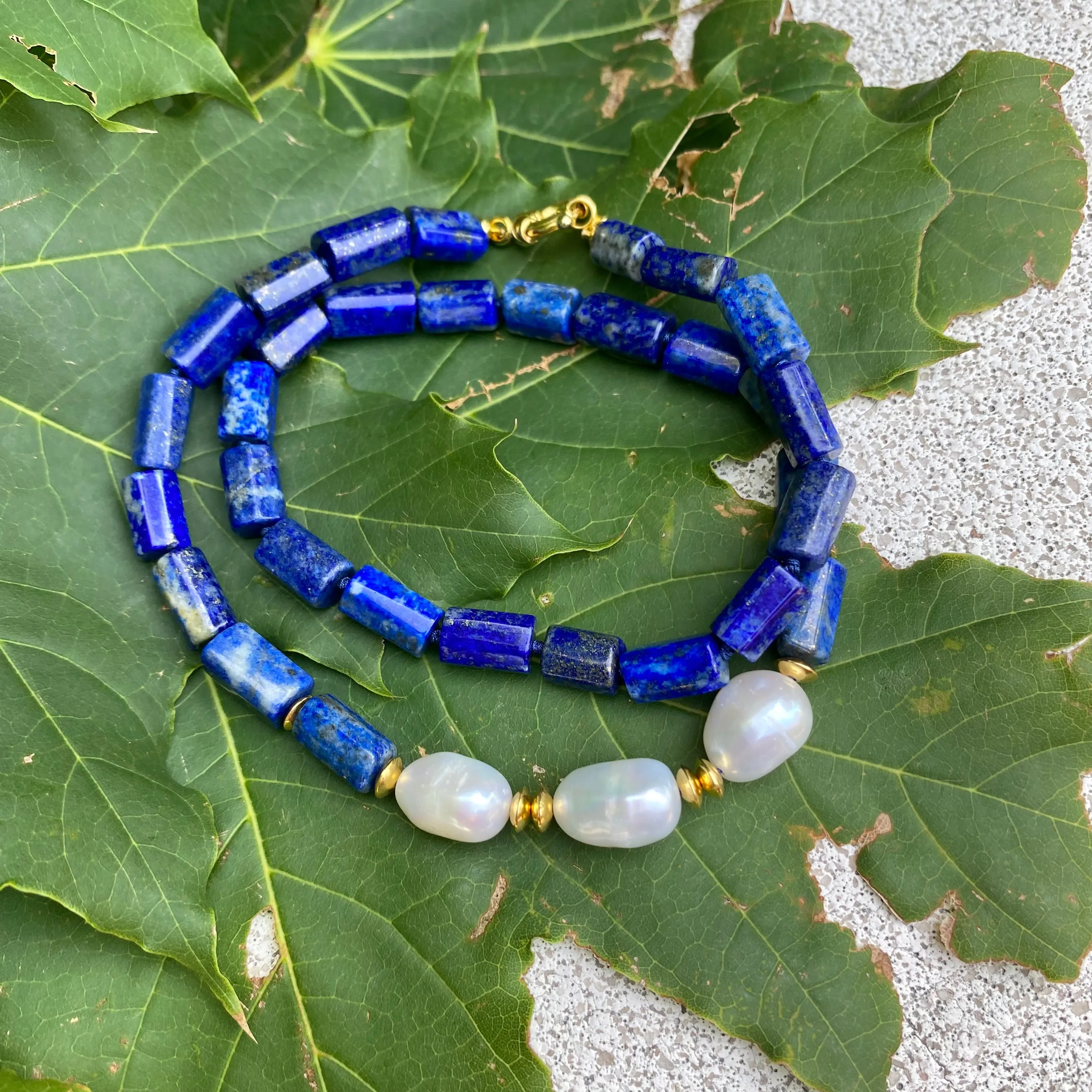 Lapis Lazuli & Freshwater Pearls Necklace, Vermeil, 17.5in December Birthstone