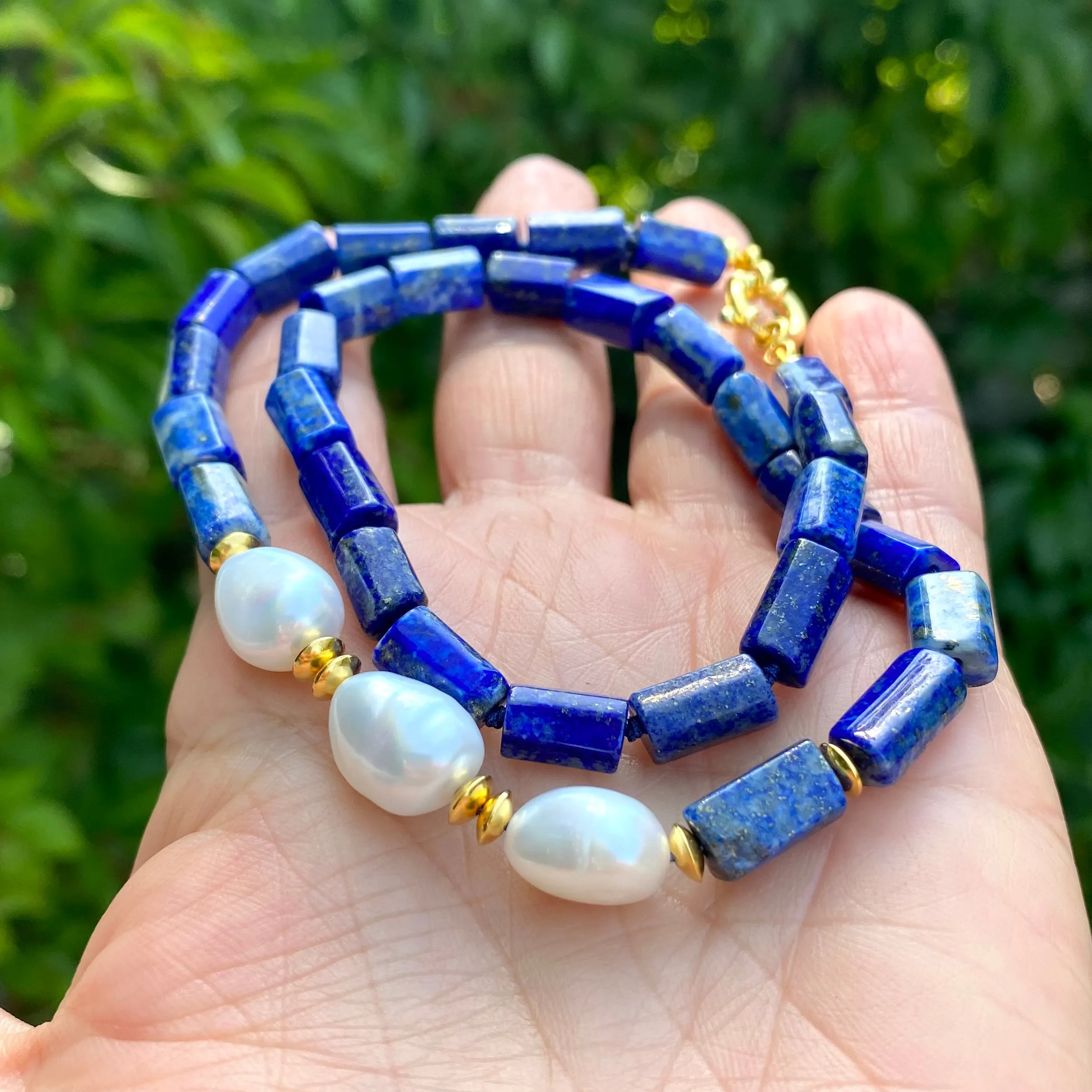 Lapis Lazuli & Freshwater Pearls Necklace, Vermeil, 17.5in December Birthstone