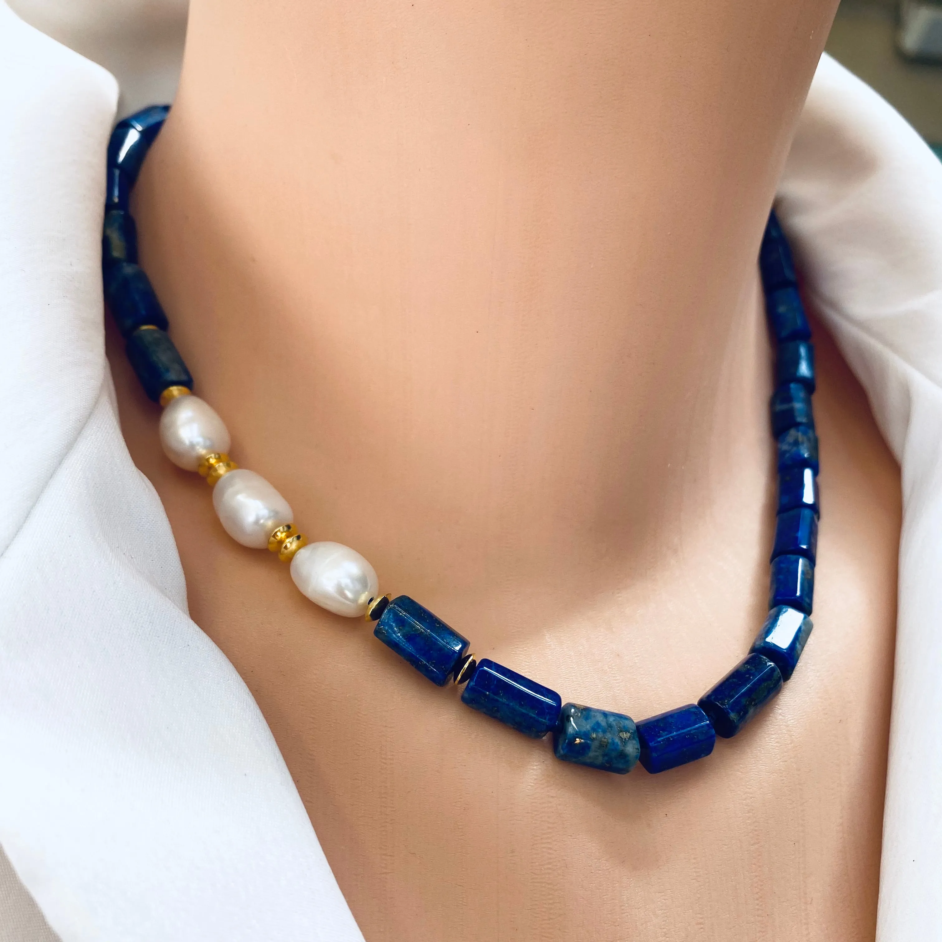 Lapis Lazuli & Freshwater Pearls Necklace, Vermeil, 17.5in December Birthstone