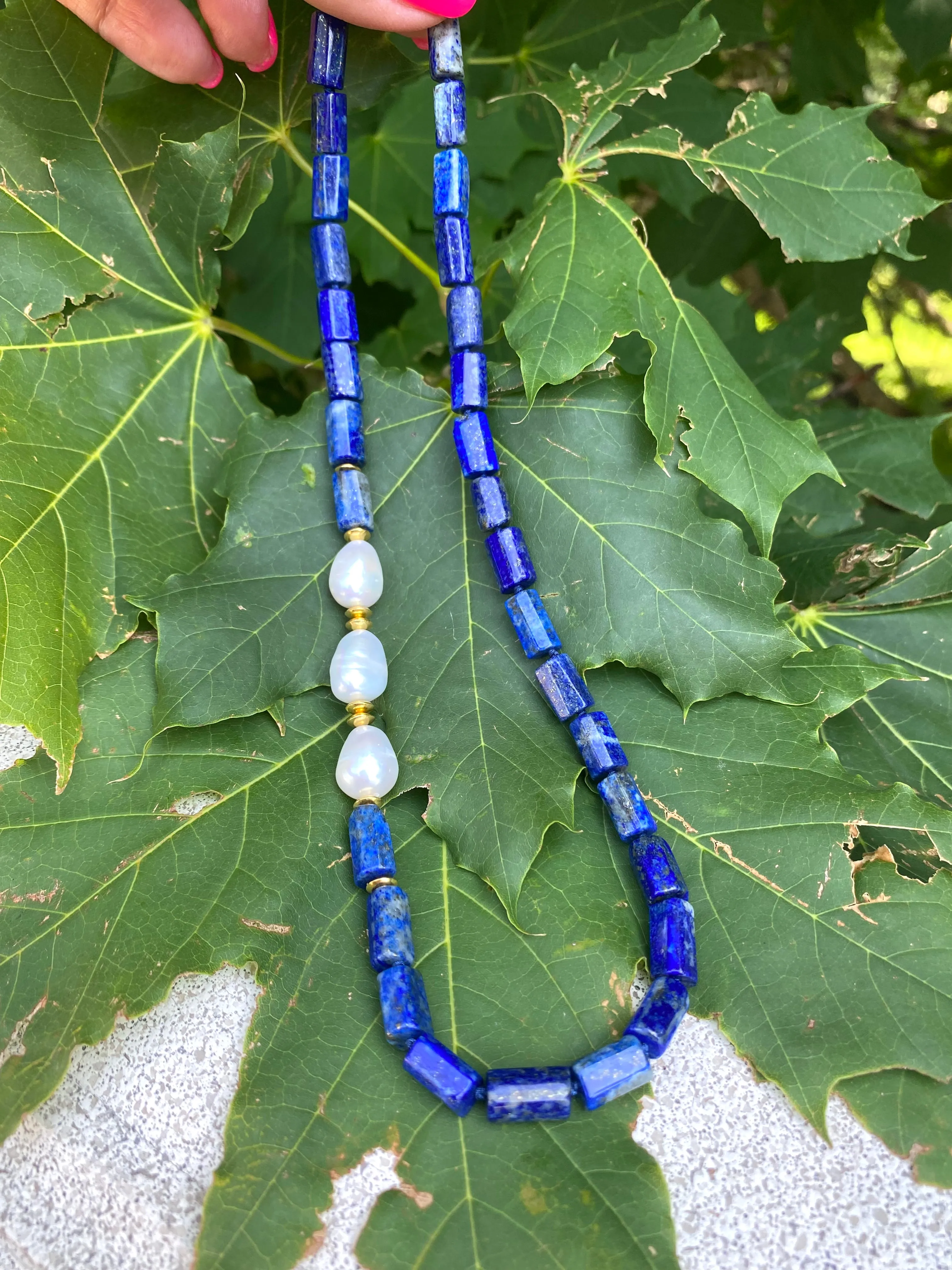 Lapis Lazuli & Freshwater Pearls Necklace, Vermeil, 17.5in December Birthstone