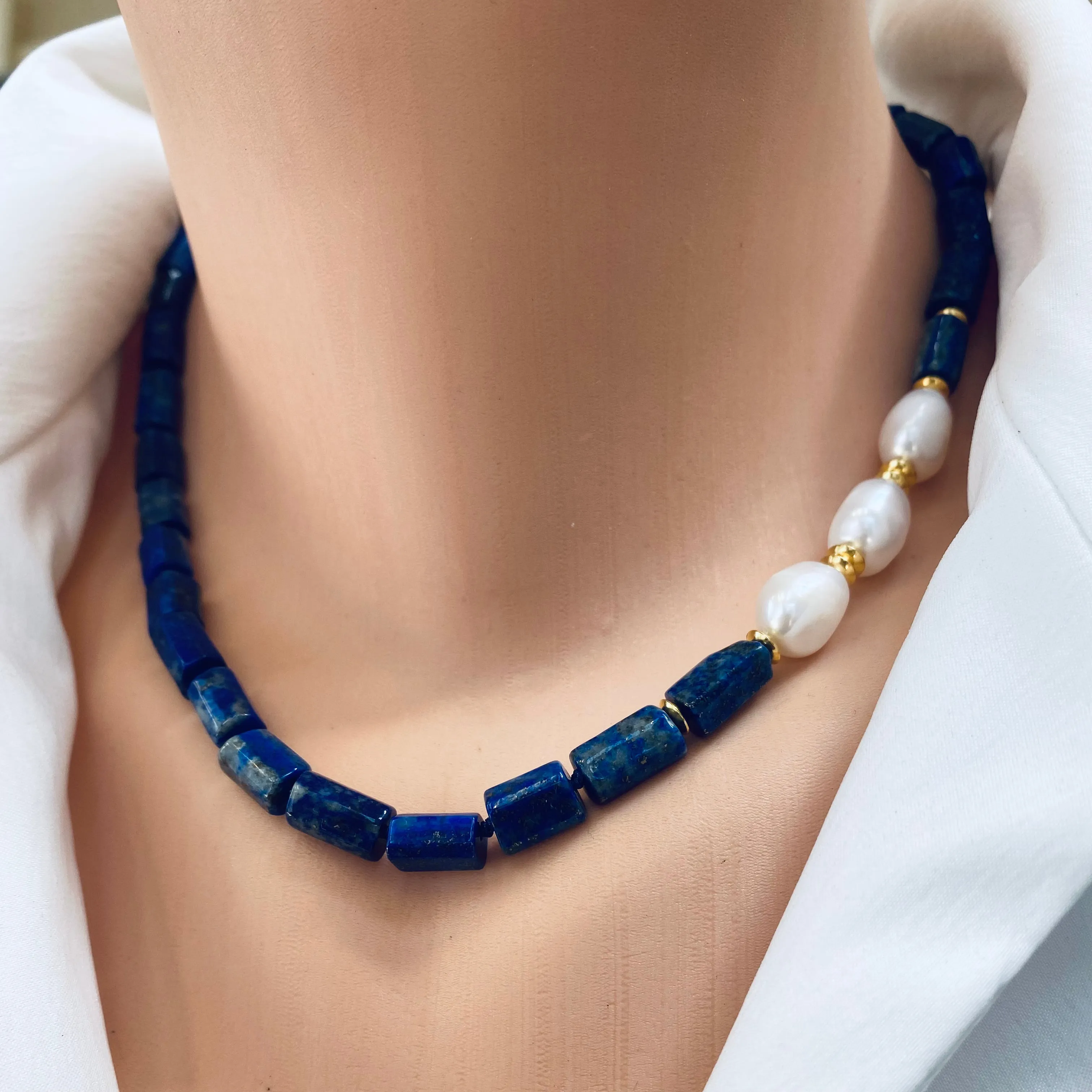 Lapis Lazuli & Freshwater Pearls Necklace, Vermeil, 17.5in December Birthstone