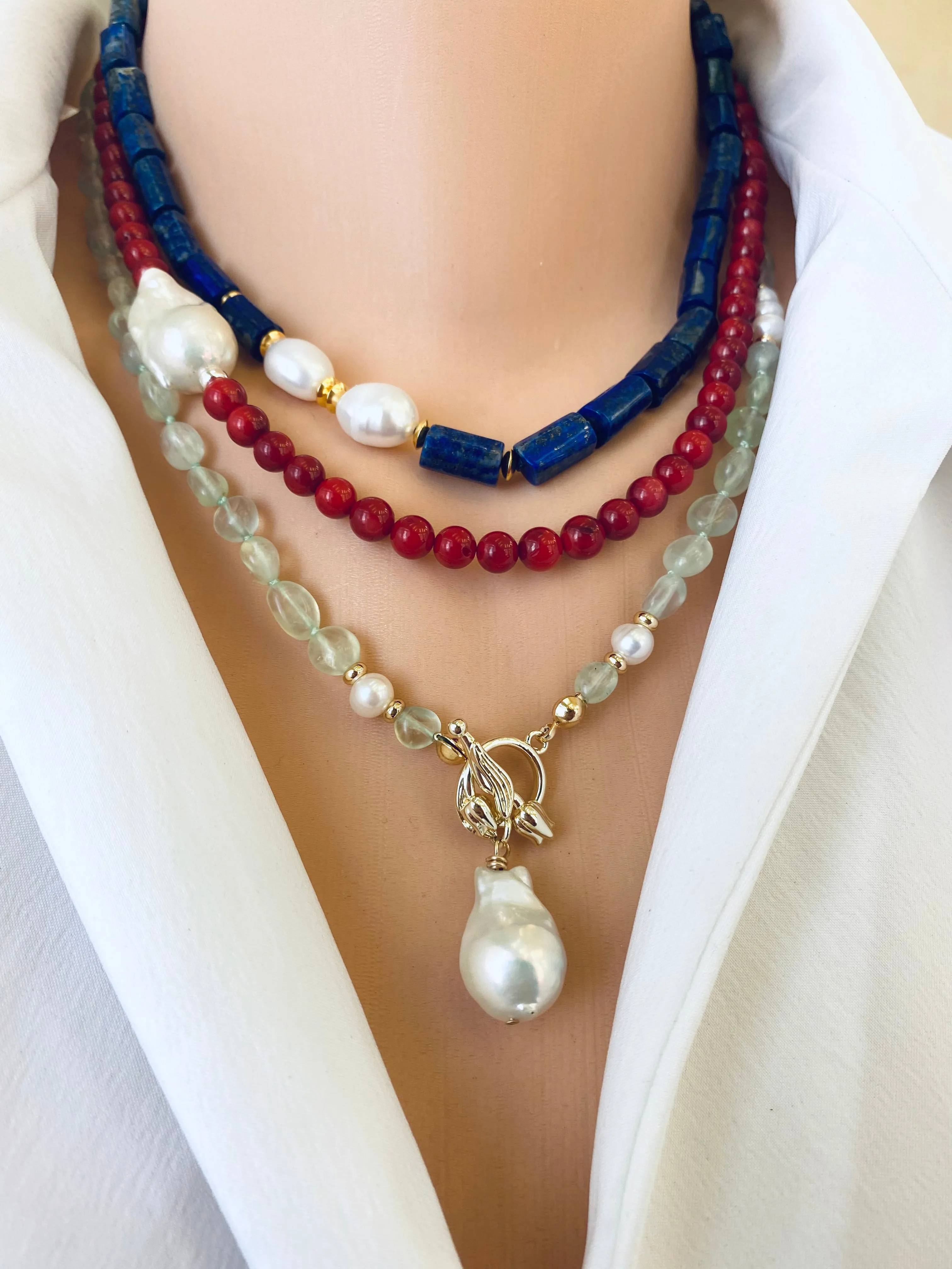 Lapis Lazuli & Freshwater Pearls Necklace, Vermeil, 17.5in December Birthstone