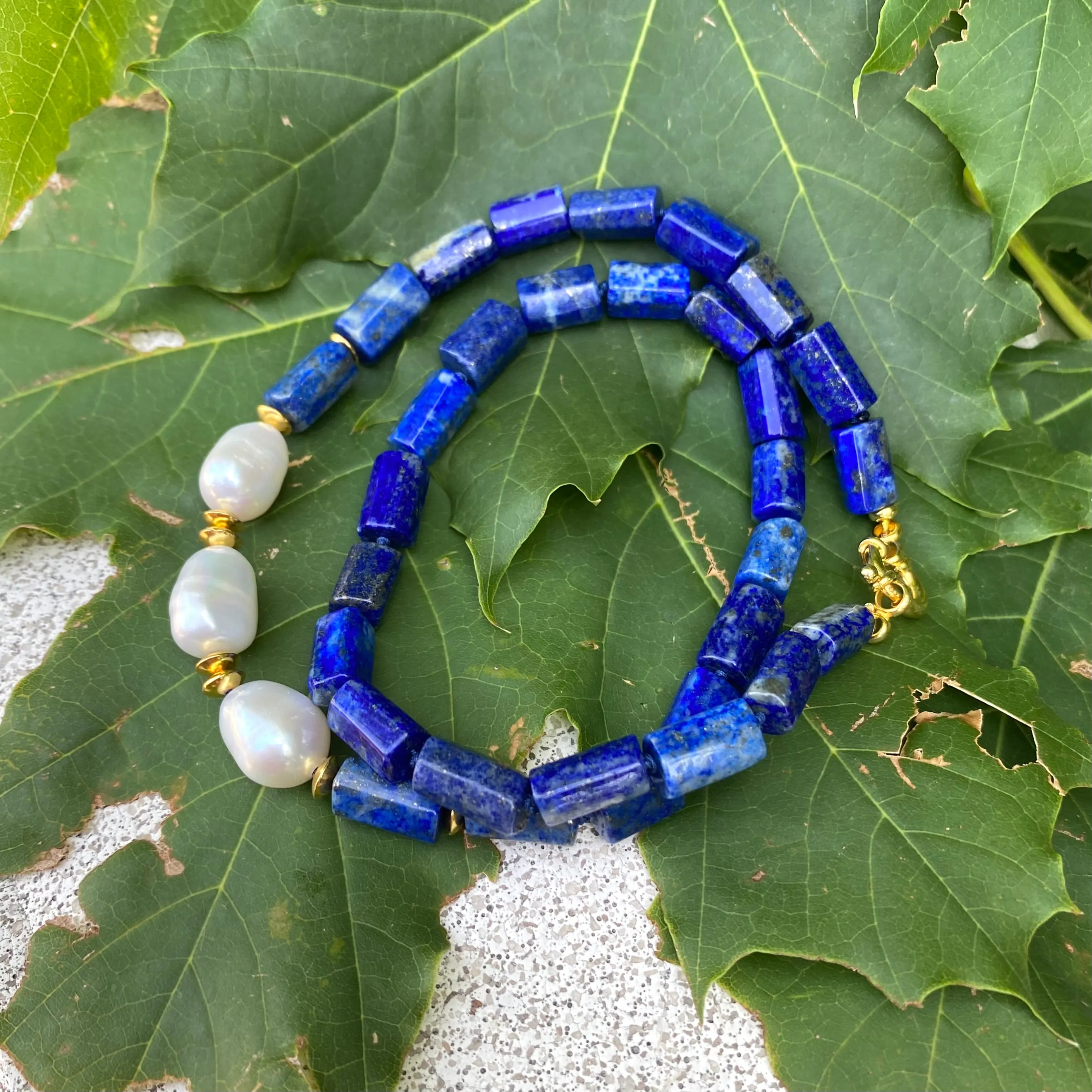 Lapis Lazuli & Freshwater Pearls Necklace, Vermeil, 17.5in December Birthstone