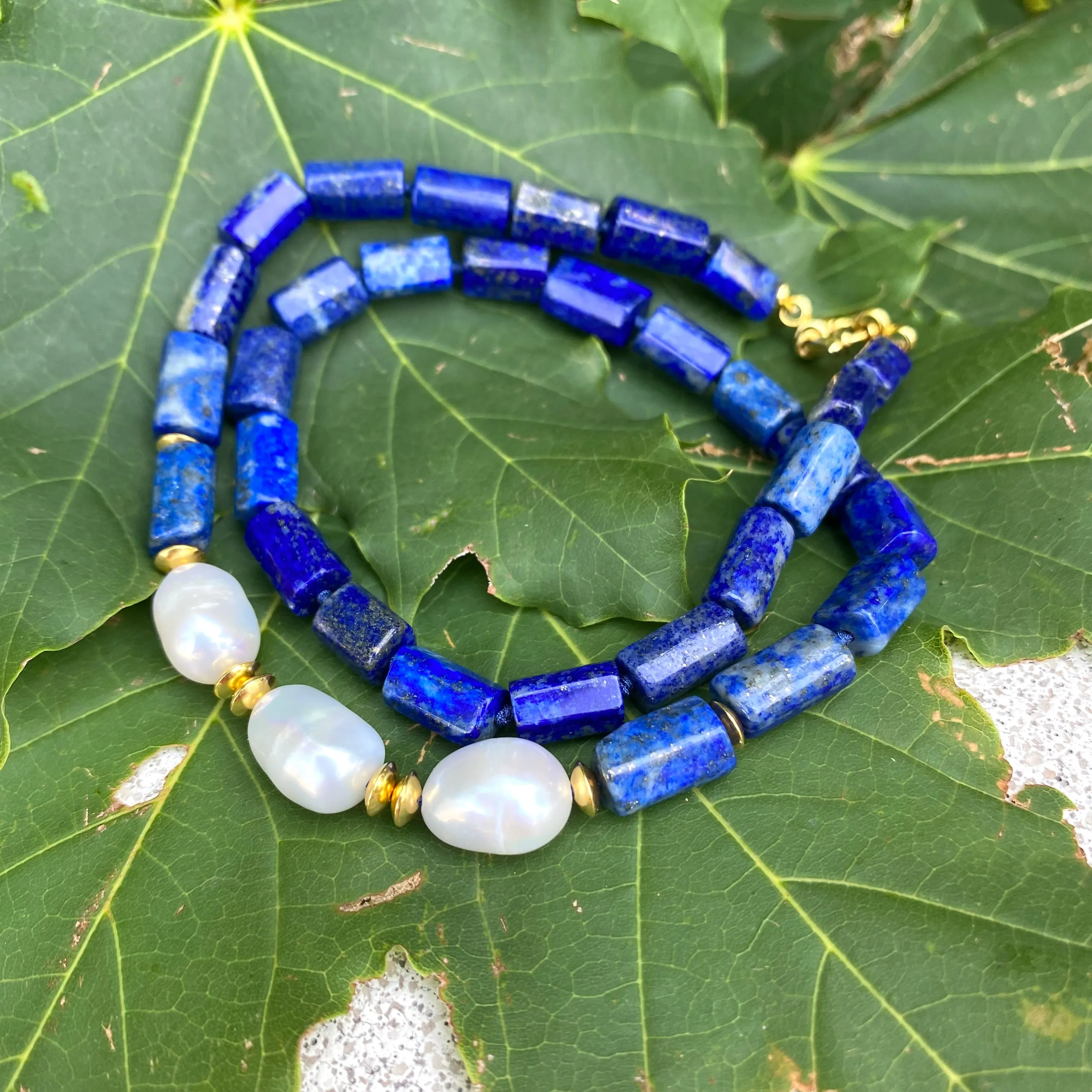 Lapis Lazuli & Freshwater Pearls Necklace, Vermeil, 17.5in December Birthstone