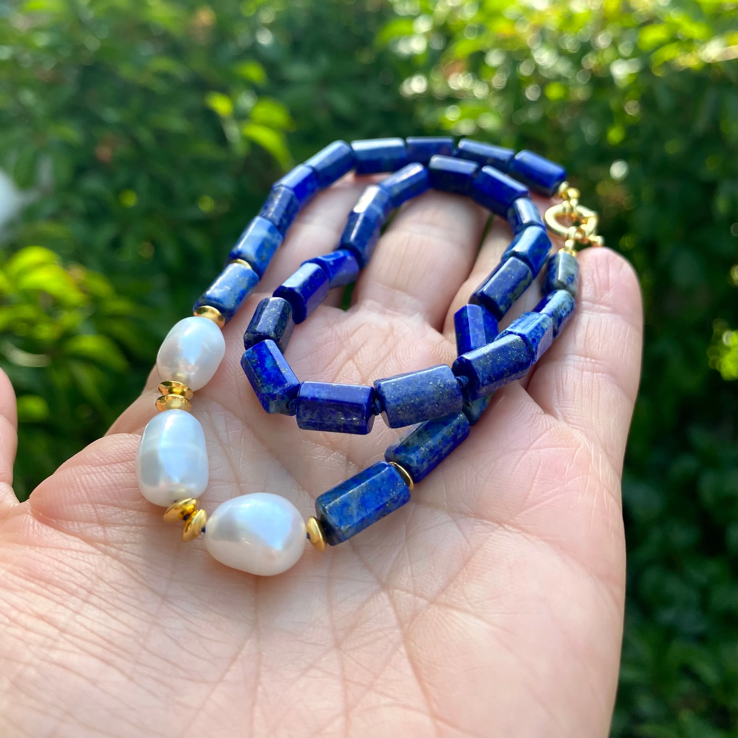 Lapis Lazuli & Freshwater Pearls Necklace, Vermeil, 17.5in December Birthstone