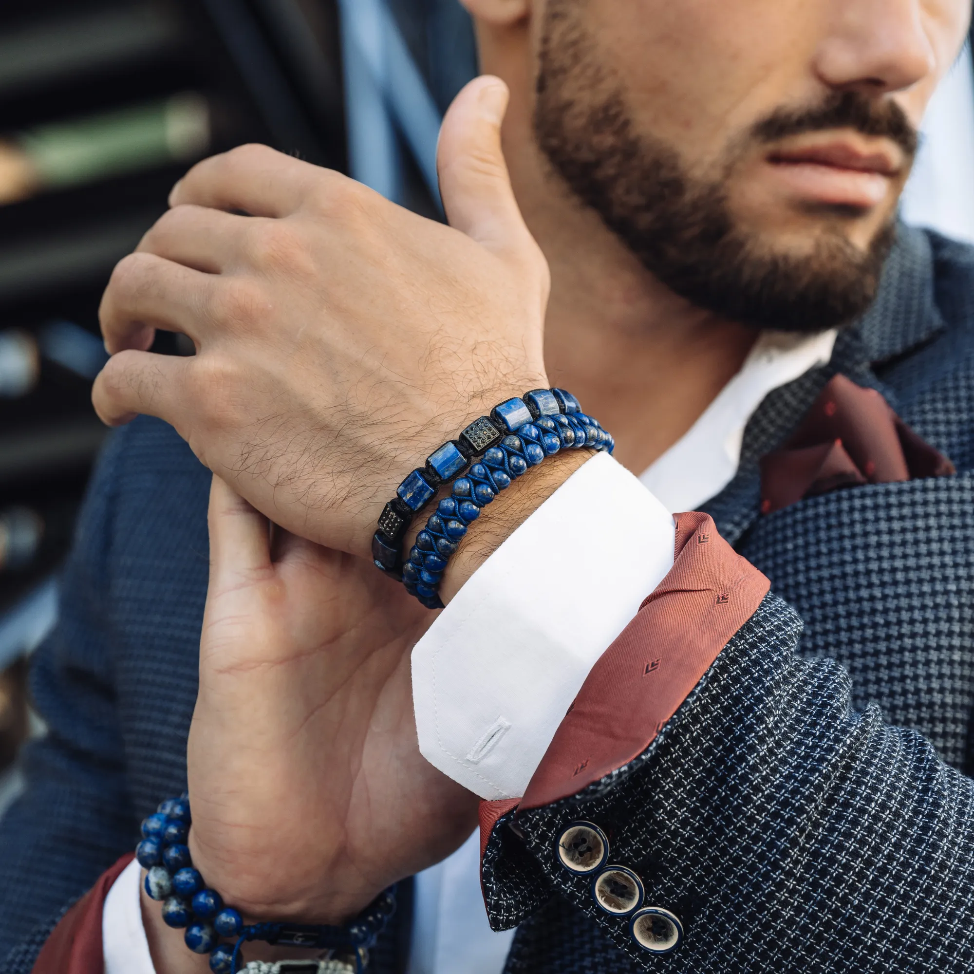 Men's LAPIS LAZULI Flat bead Bracelet - One Size Fits All