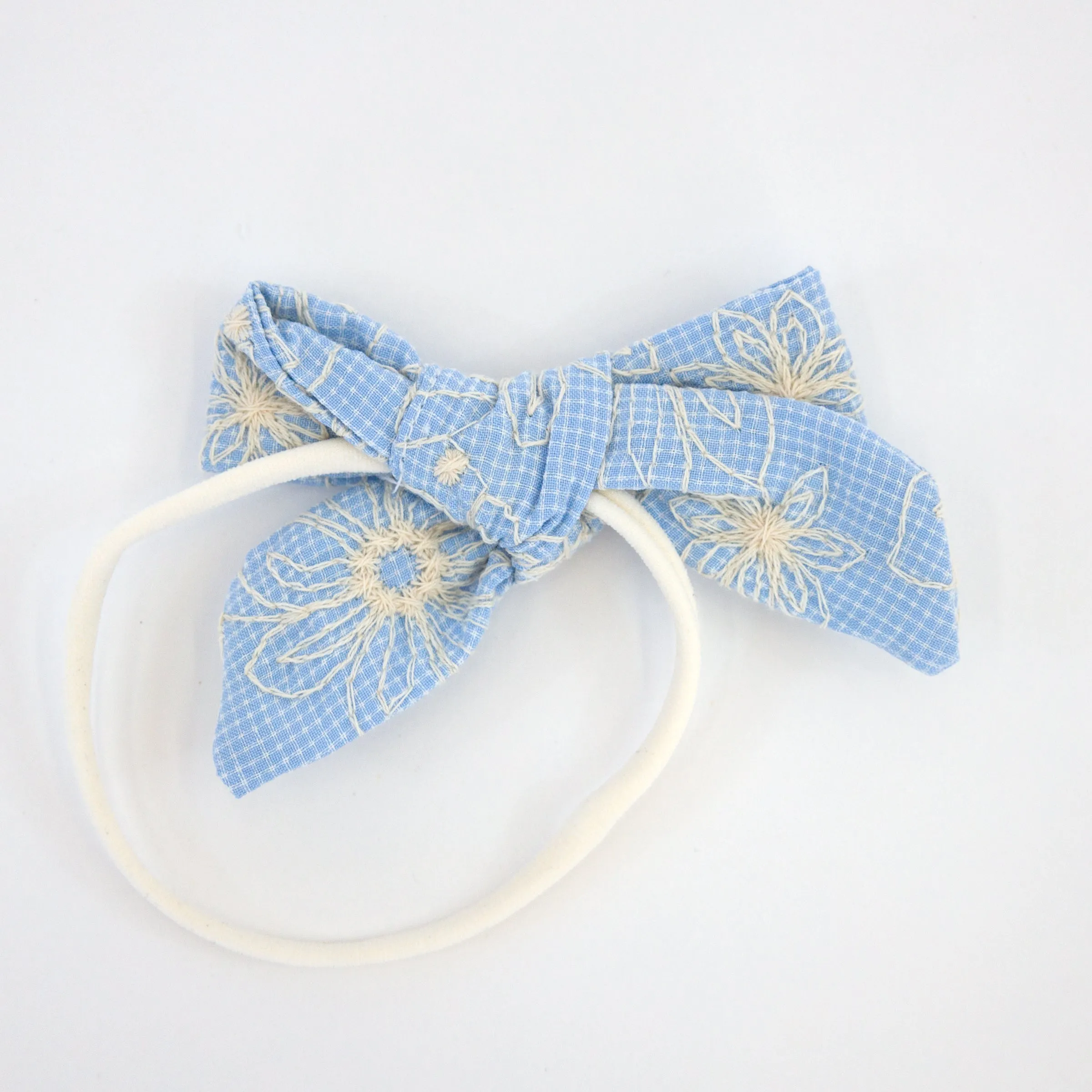 Embroidered Sky Blue Nylon Headband with Flower Bow