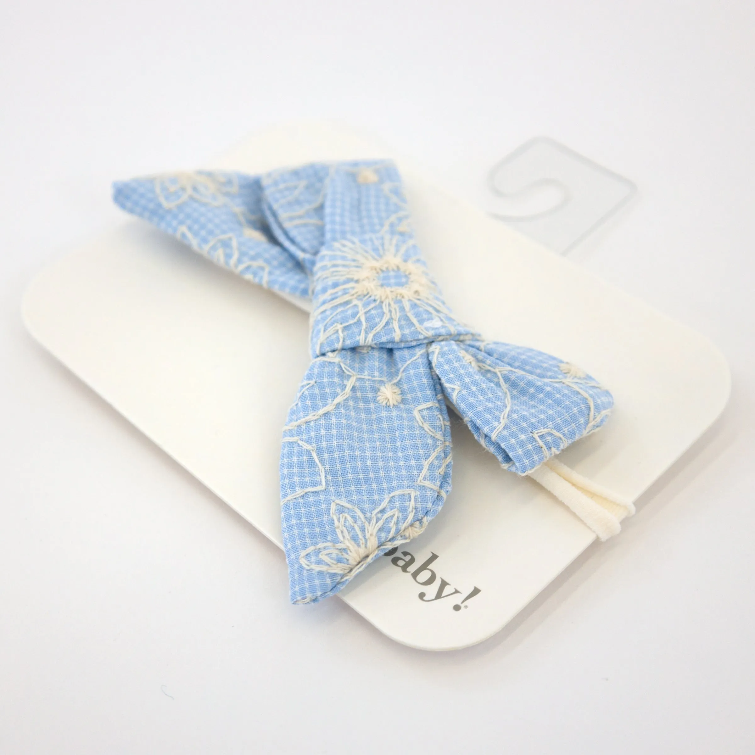 Embroidered Sky Blue Nylon Headband with Flower Bow