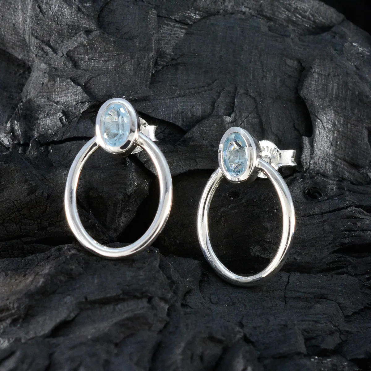 Riyo Foxy Sterling Silver Earring For Wife Blue Topaz Earring Bezel Setting Blue Earring Stud Earring
