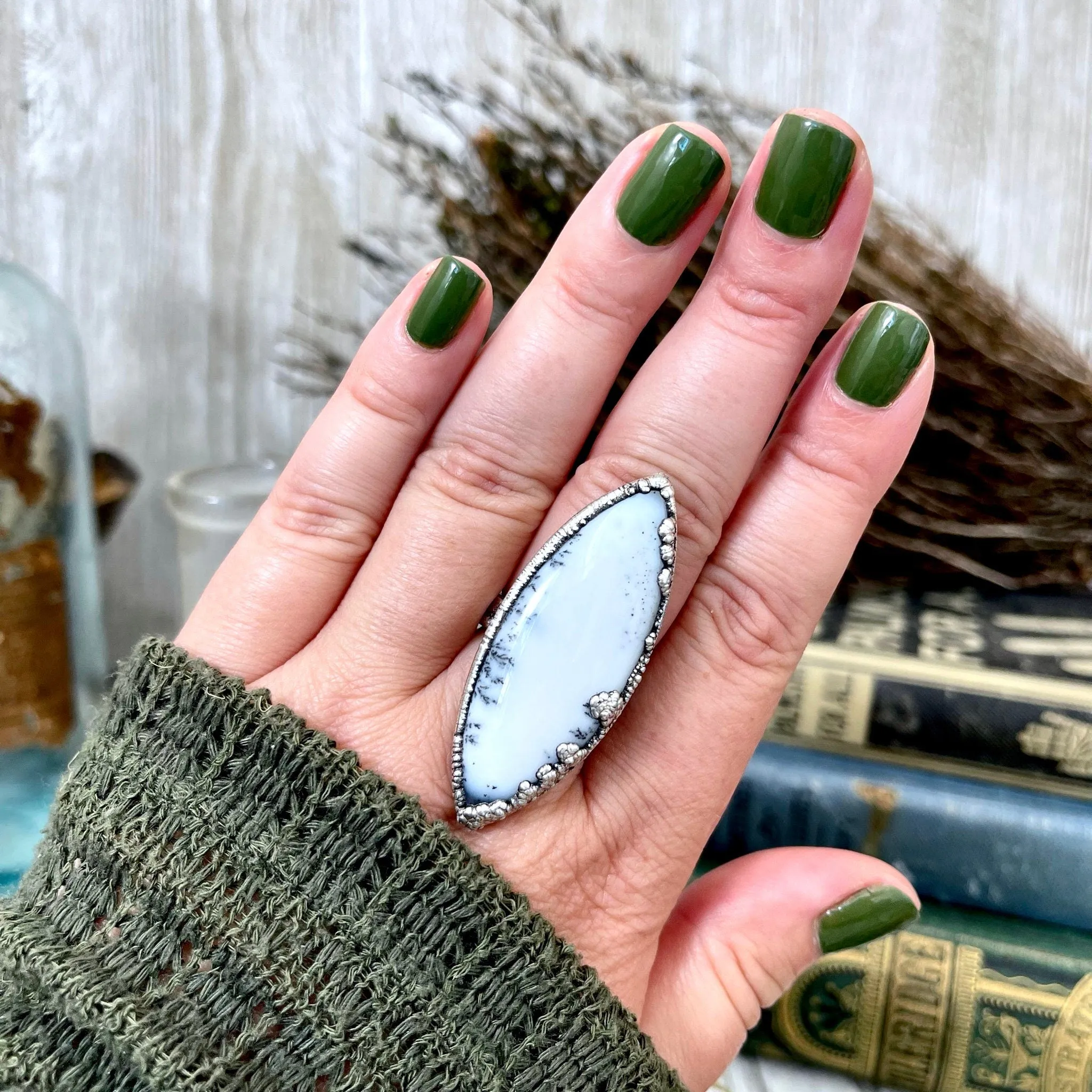 Size 8.5 Dendritic Agate Large Crystal Ring in Fine Silver for Woman /  Foxlark Collection - One of a Kind