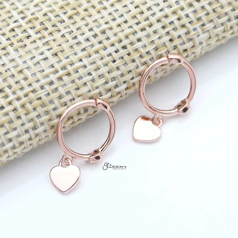 Sterling Silver One-Touch Hoop Earrings with Dangle Heart - Rose Gold