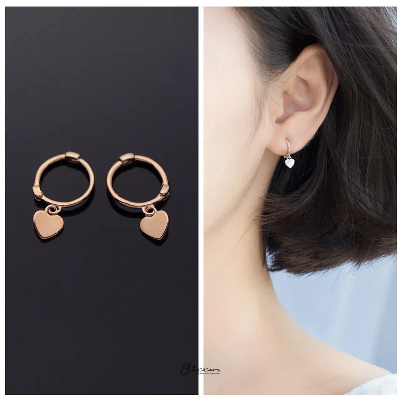 Sterling Silver One-Touch Hoop Earrings with Dangle Heart - Rose Gold
